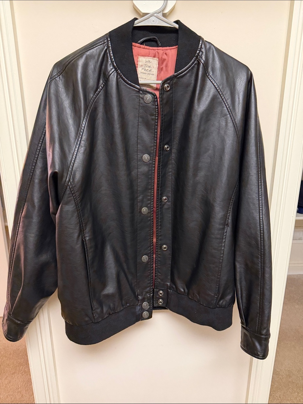 We The Free Black Vegan Leather Bomber Jacket with Rust Lining